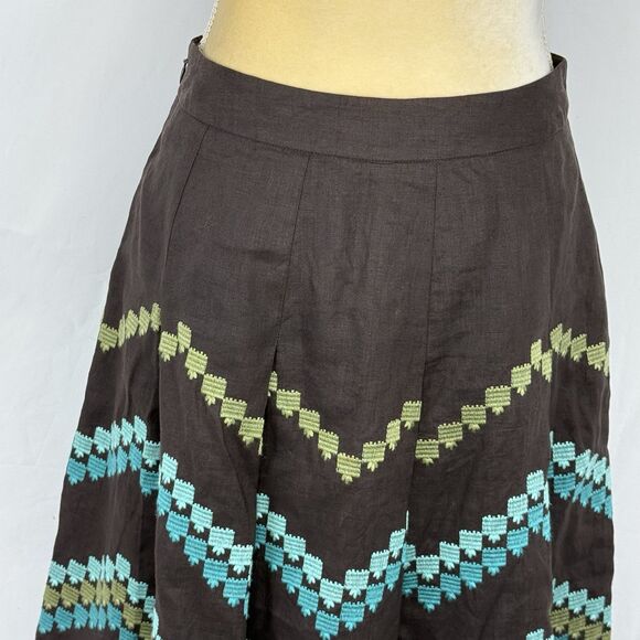 Ann Taylor LOFT Brown Pleat Skirt Embroidered Chevron Pattern 2P Linen - Picture 4 of 16